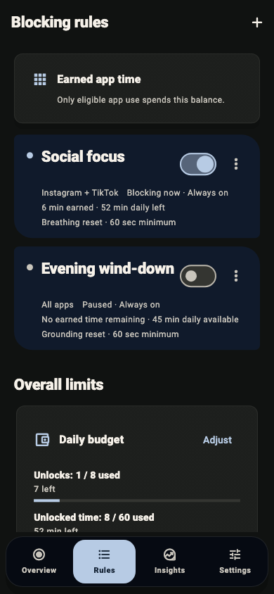 Écran des règles Habit Protector avec apps choisies et temps d’accès gagné